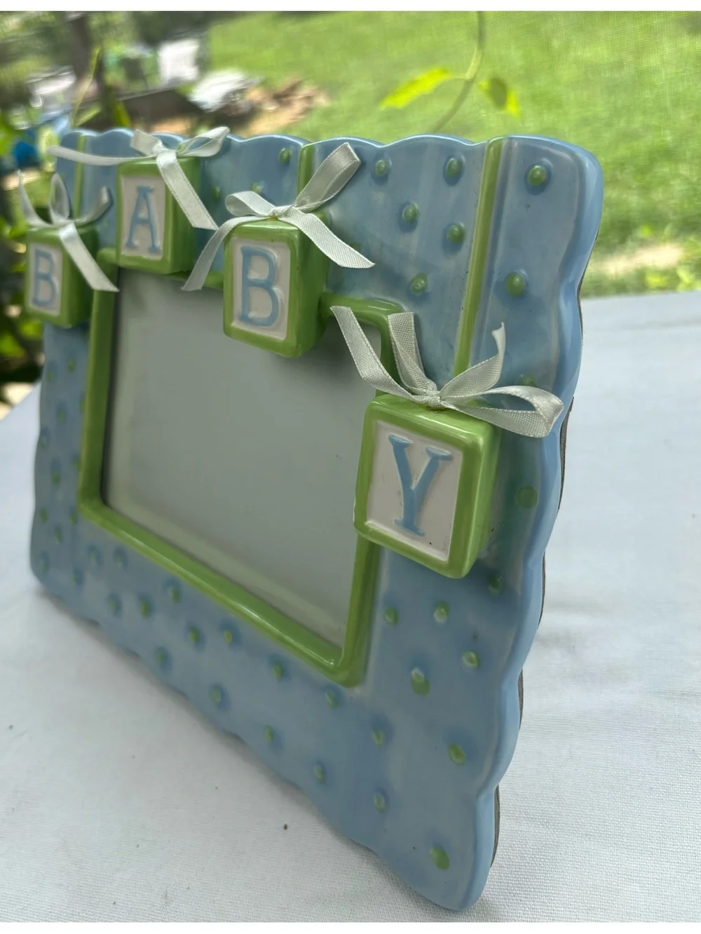 VTG Blue & Green Ceramic “BABY “ Block Picture Frame 3D Photo Frame 8 x 10 / 4x6